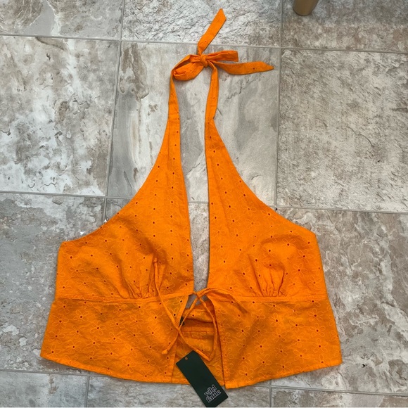 Orange Tie Front Halter Top with Flower Embroidery Details - Picture 3 of 4